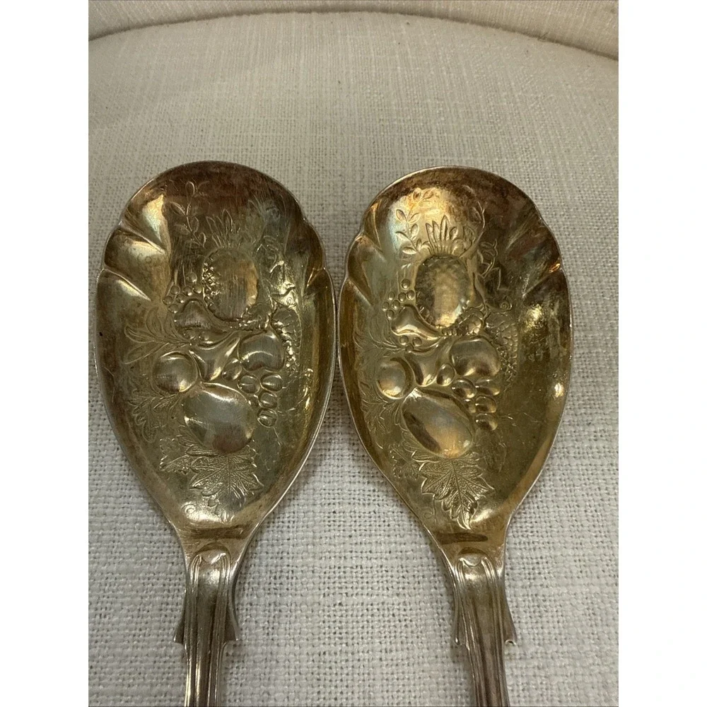 Sheffield England Embossed Fruits Silver and‎ Gold Plated Serving Spoons 8 1/2